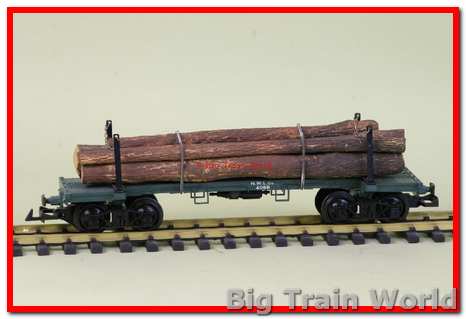 LGB 4066 - Langholzwagen, groen/blauwig met 5 boomstammen, pre-owned, gele doos