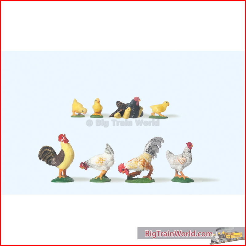 Preiser 47070 - 2 Hähne, 2 Hühner, Gluckhenne (1:25)